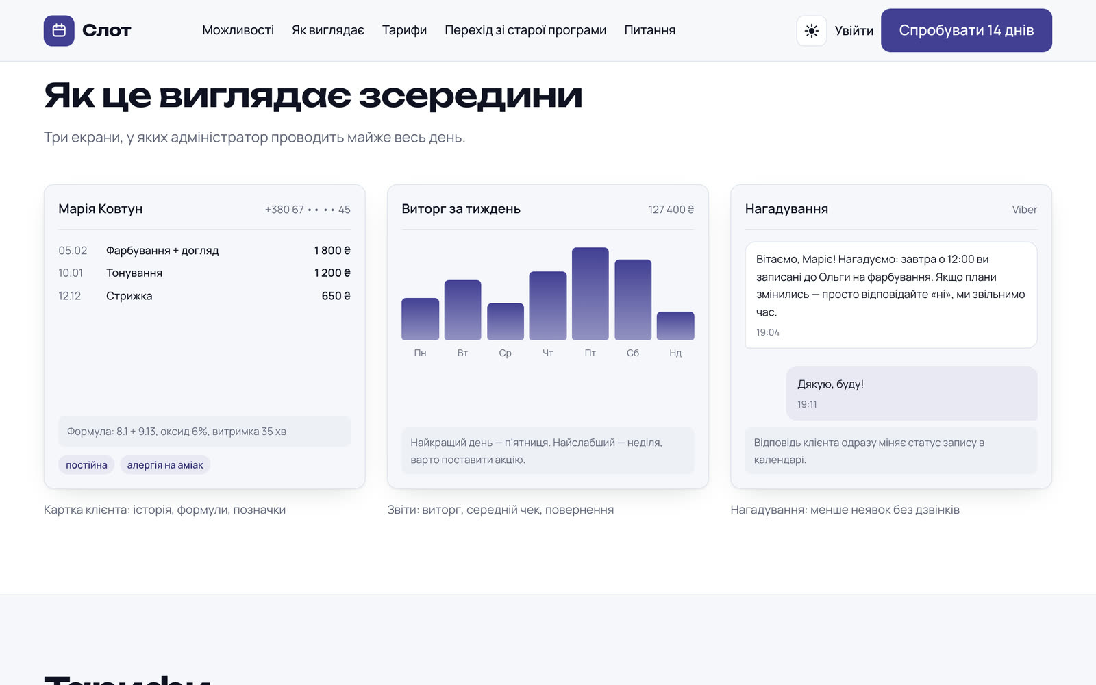 Три екрани програми: розклад дня, звіт за тиждень і нагадування у месенджері